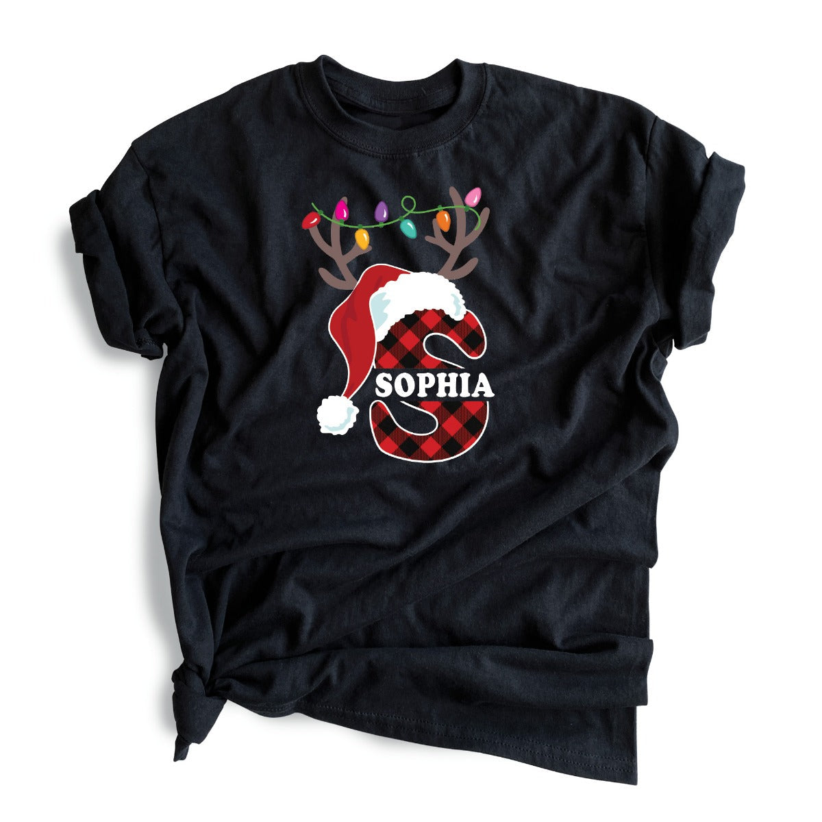 Santa Hat Antlers Initial with Name Black T-Shirt-Adult Large