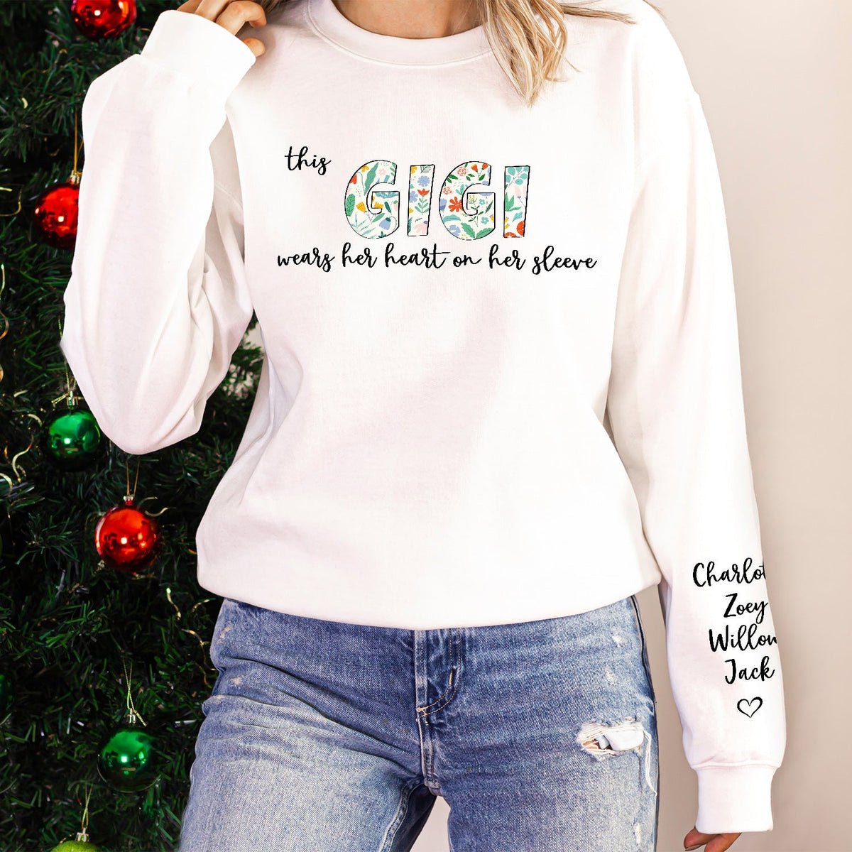 This Mama Wears Her Heart On Her Sleeve - Birthday, Loving Gift For Mom, Mother, Grandma, Grandmother - Personalized Sweatshirt With Sleeve Imprint