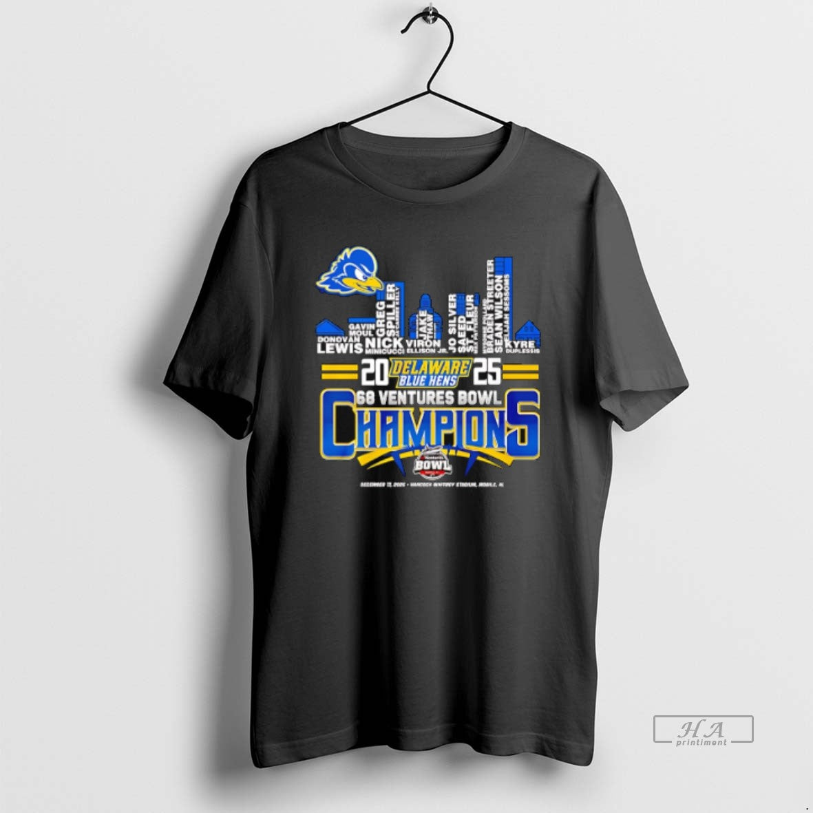 Official Delaware Blue Hens 2025 68 Ventures Bowl Champions Player Name Skyline