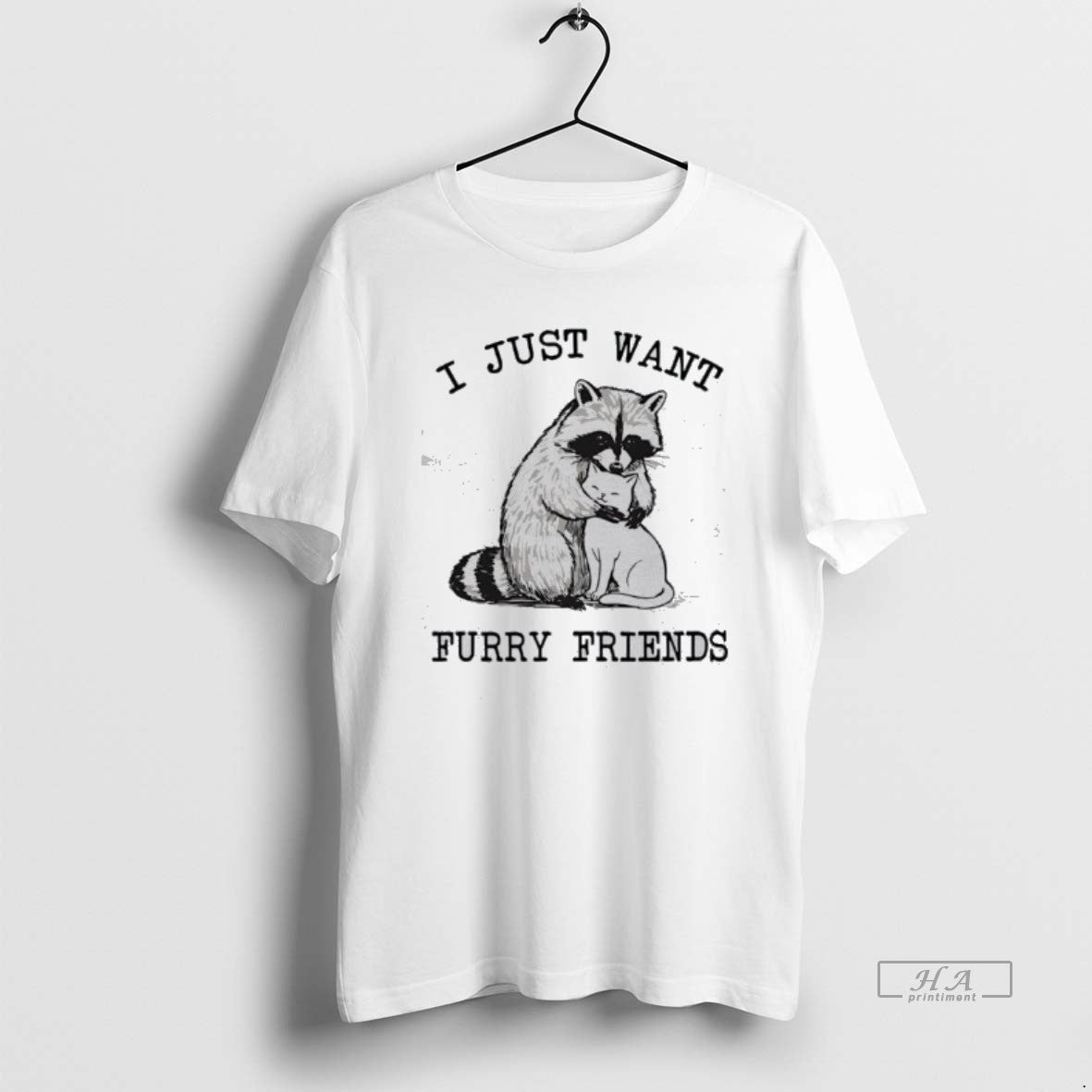 Official I Just Want Furry Friends Raccoon Hugging Cat