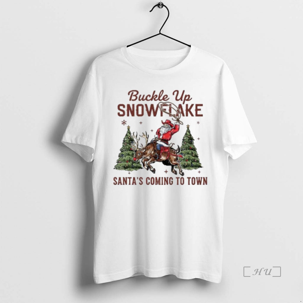 Officials Buckle Up Snowflake Santas Coming To Town Christmas T Shirt Sweater