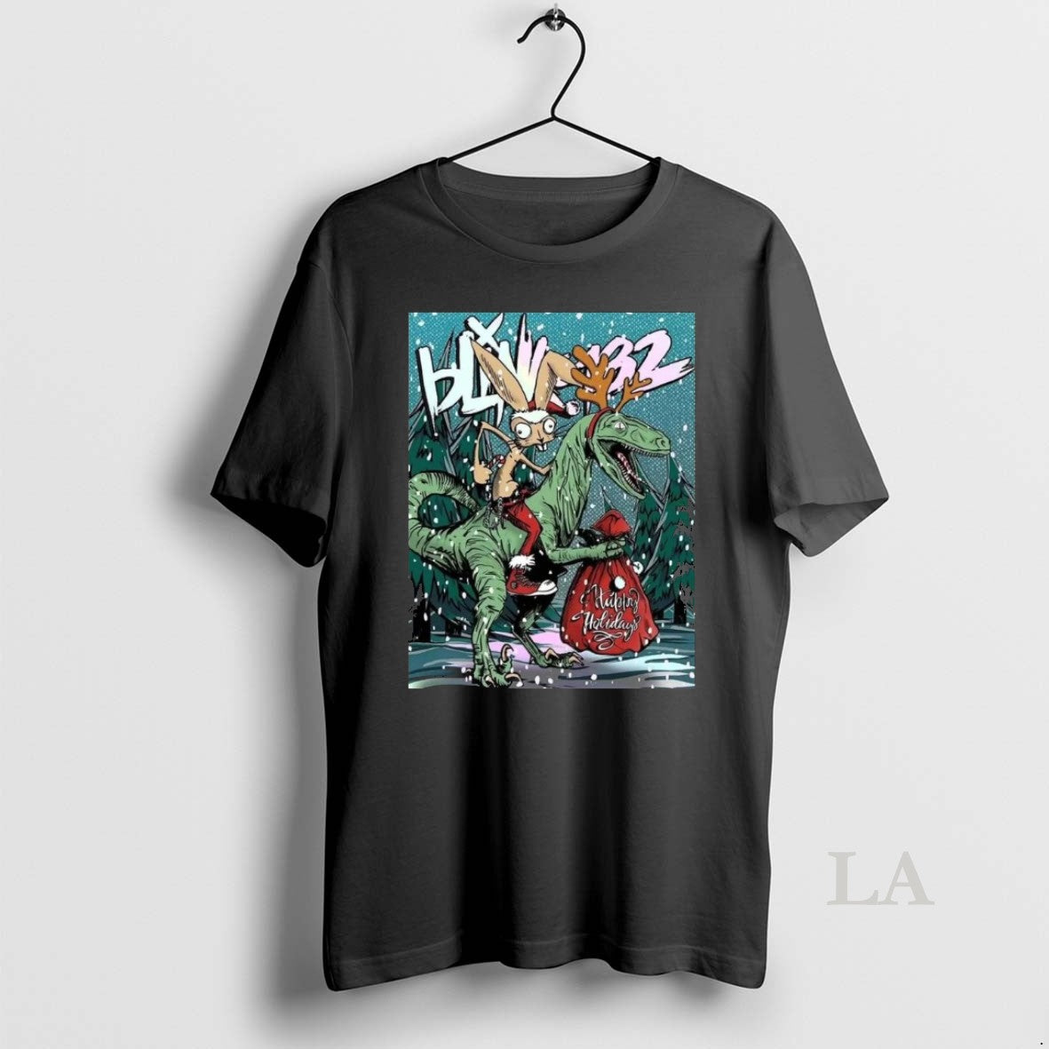 Original Blink 182 Happy Holidays 2025 Merry Xmas Rabbit Riding Velociraptor