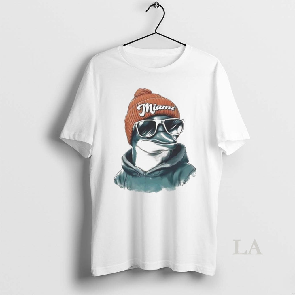 Original Miami Dolphins Mascot Wearing A Beanie And Sunglasses