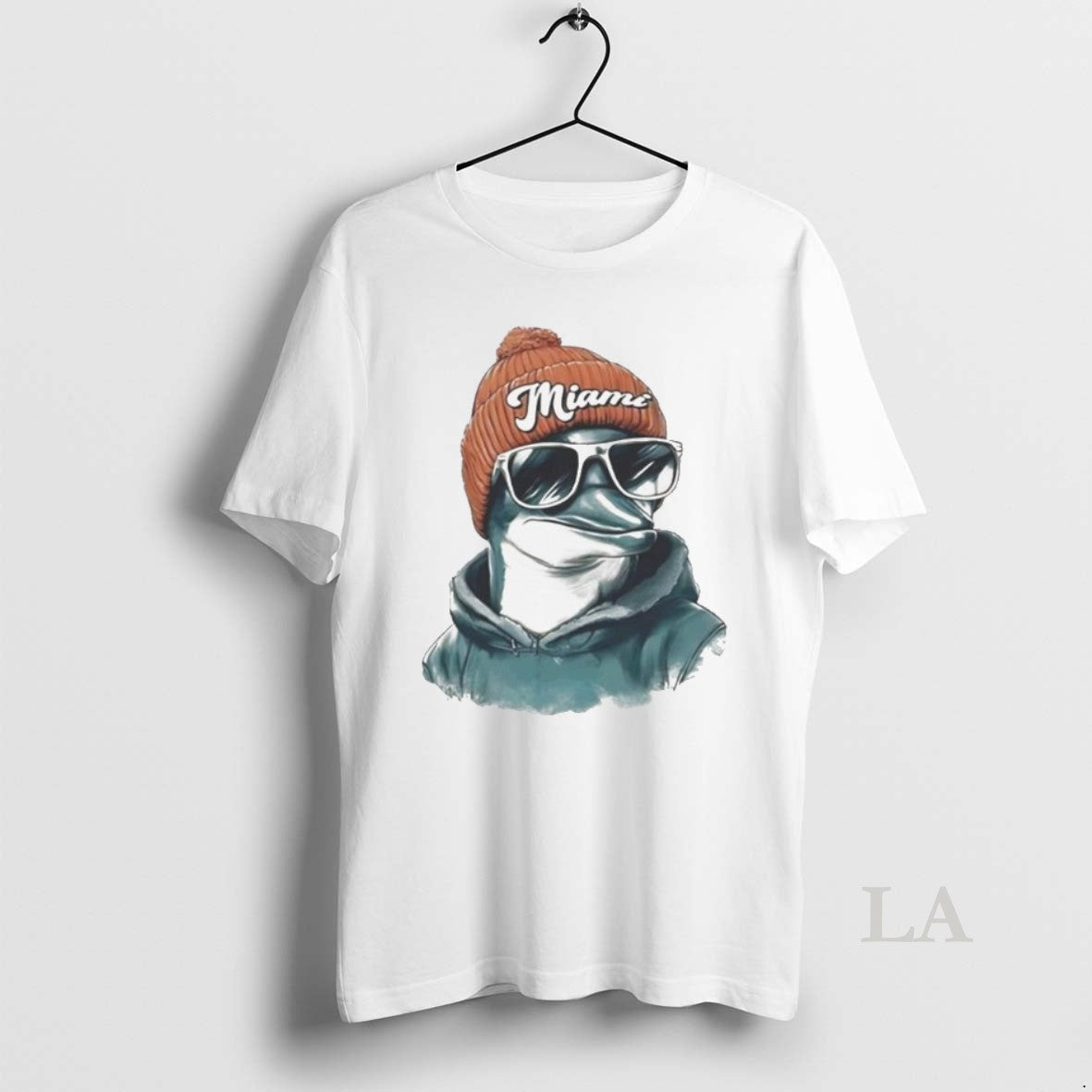 Original Miami Dolphins Mascot Wearing A Beanie And Sunglasses