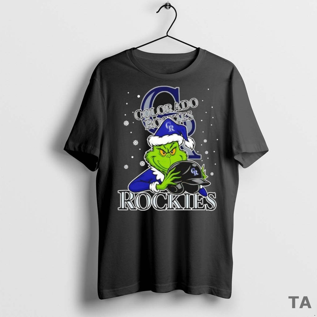 Top Colorado Rockies Baseball Grinch Holding Helmet Christmas T Shirt Sweater