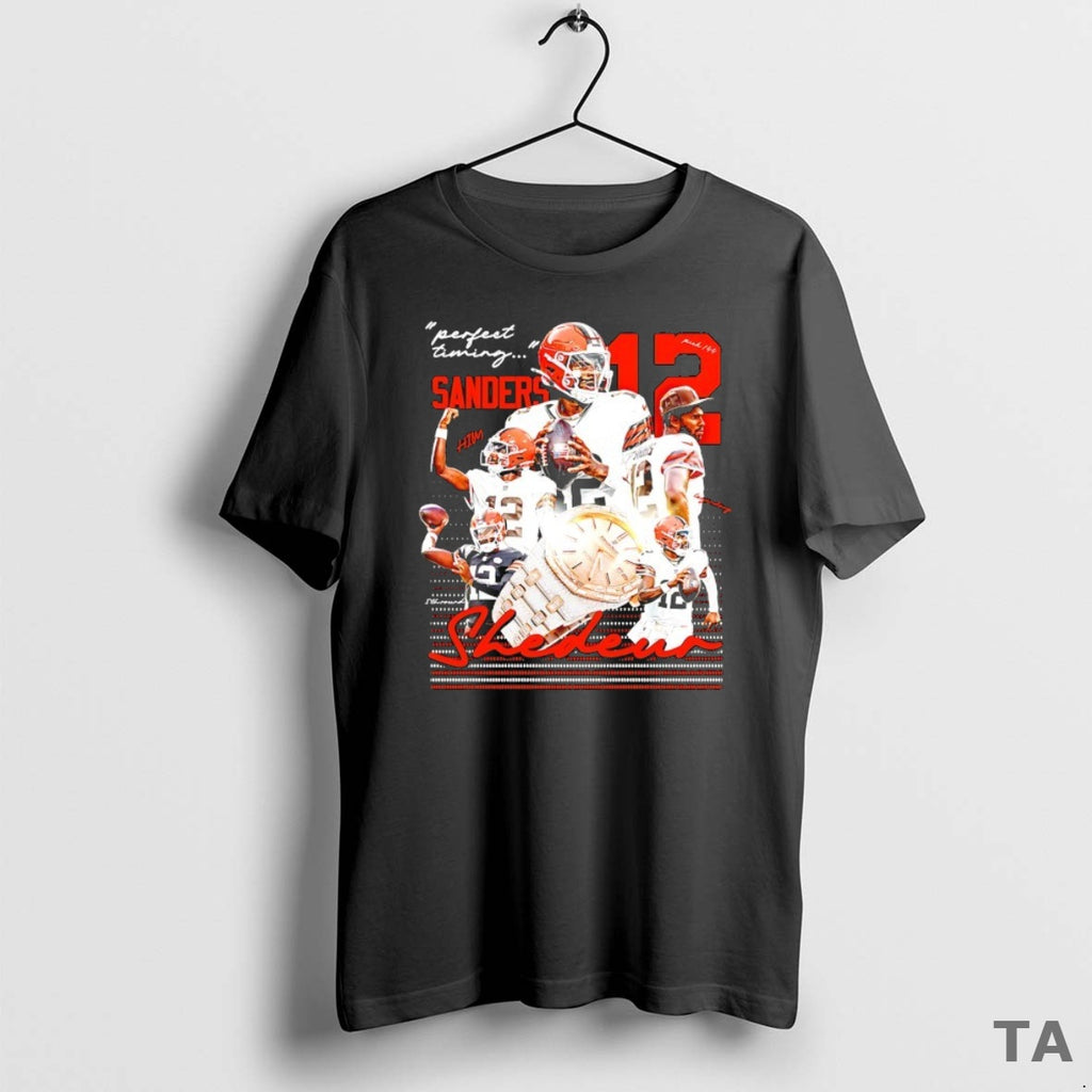 Top Shedeur Sanders 12 Cleveland Bronws Perfect Timing Graphic T Shirt Sweater