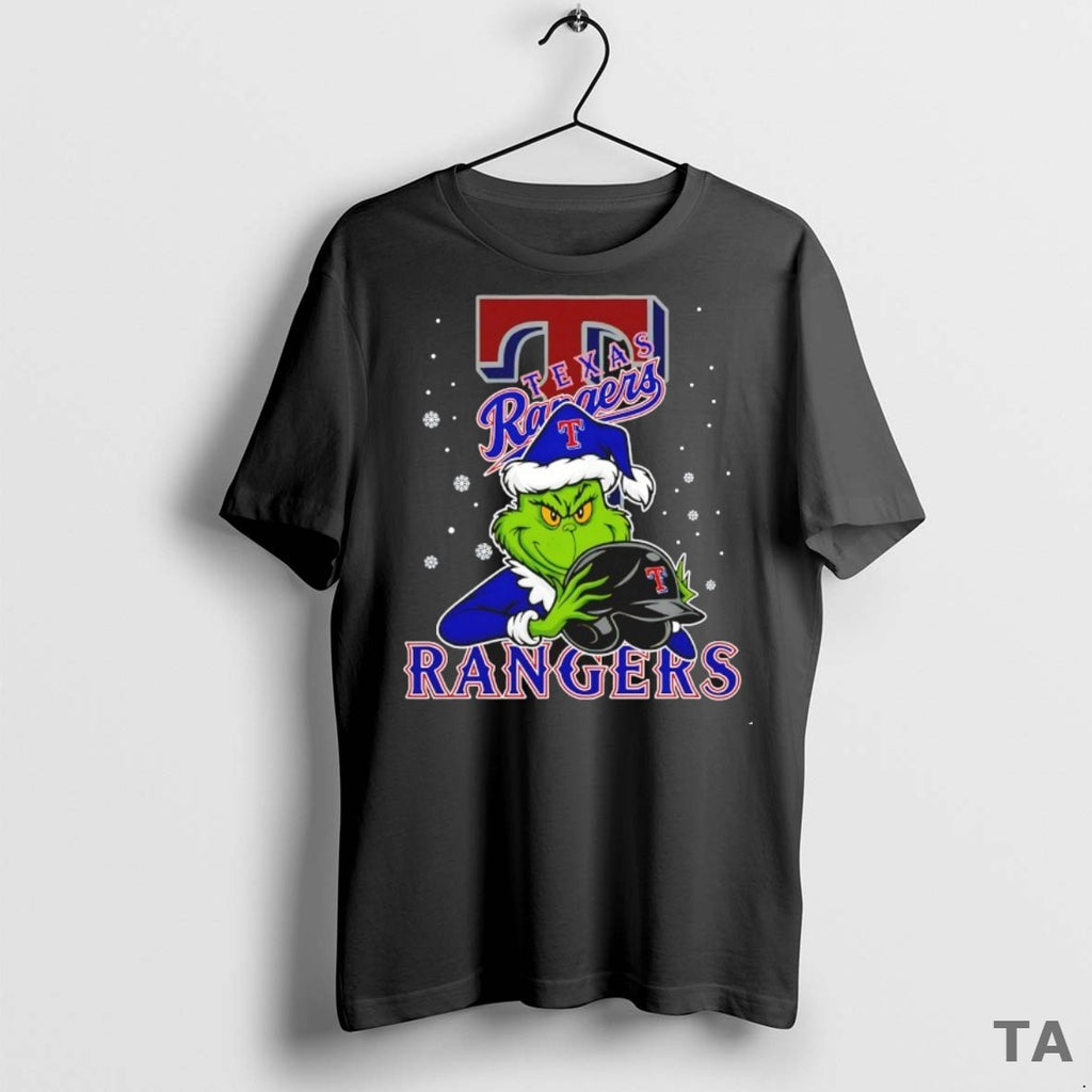 Top Texas Rangers Baseball Grinch Holding Helmet Christmas T Shirt Sweater