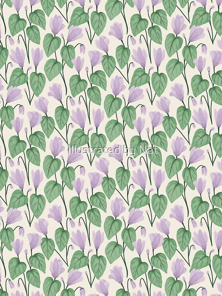 Delicate hand drawn cyclamen trailing floral - Lilac on white by Illustrated by Nat