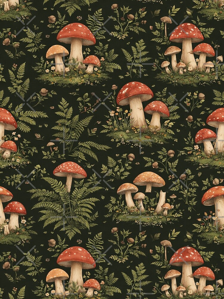 Dark Cottagecore Forest Mushroom Pattern – Vintage Botanical Woodland Design by Creativeeworld777