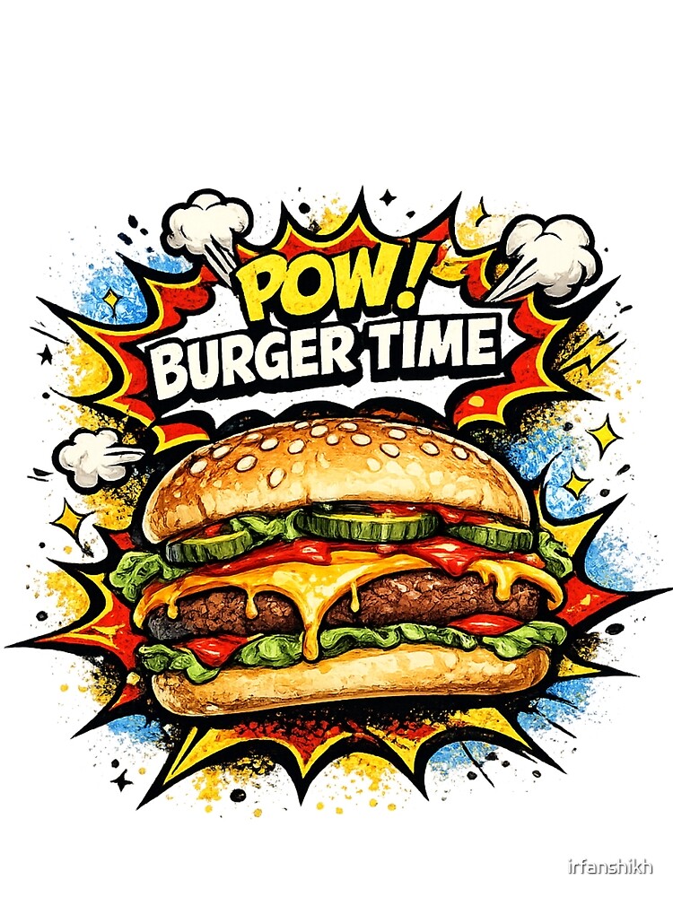 POW Burger Time: Comic Book Style Cheeseburger Pop Art Retro Explosion by irfanshikh