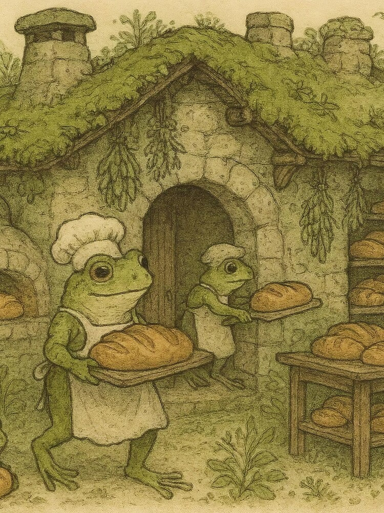 Medieval Frog Bread Bakery | Cozy Cottagecore Storybook Watercolor by Hugo-Biz