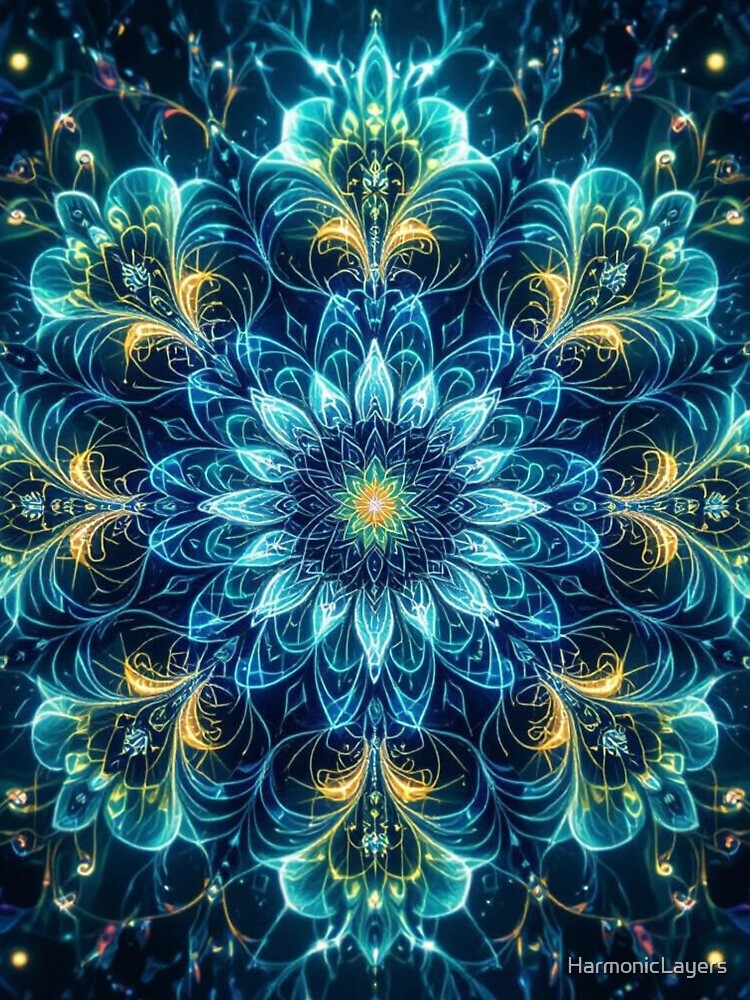 Celestial Bloom – Glowing Mandala in Electric Blue and Cosmic Gold by Harmonic_Layers