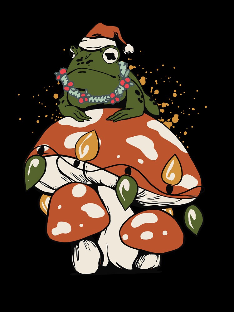 Cottagecore Aesthetic Frog On Mushroom Wearing Christmas Hat by TDesignFactory