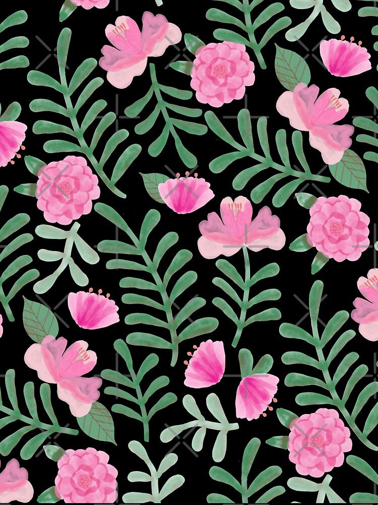 Pink Watercolor Botanical Repeat Pattern Flowers and Leaves by Mag-nificentMag