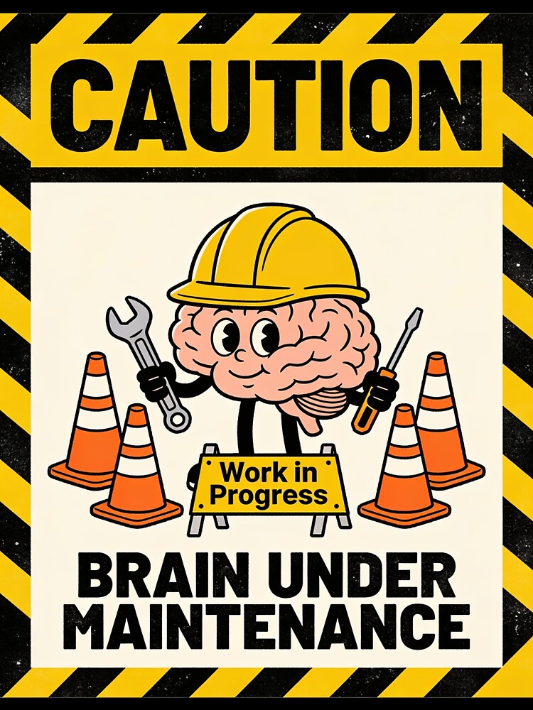 Caution: Brain Under Maintenance | Funny Warning Sign Sticker & T-Shirt by FuzzDrive