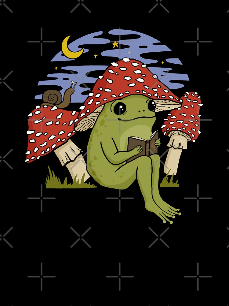 Cute Cottagecore Frog in Mushroom Hat Reading a Book: A Goblincore Toad Bookworm with Snail and Toadstool Features Enjoying a Night Sky in a Fairycore Psychedelic Vintage Setting by MinistryOfFrogs