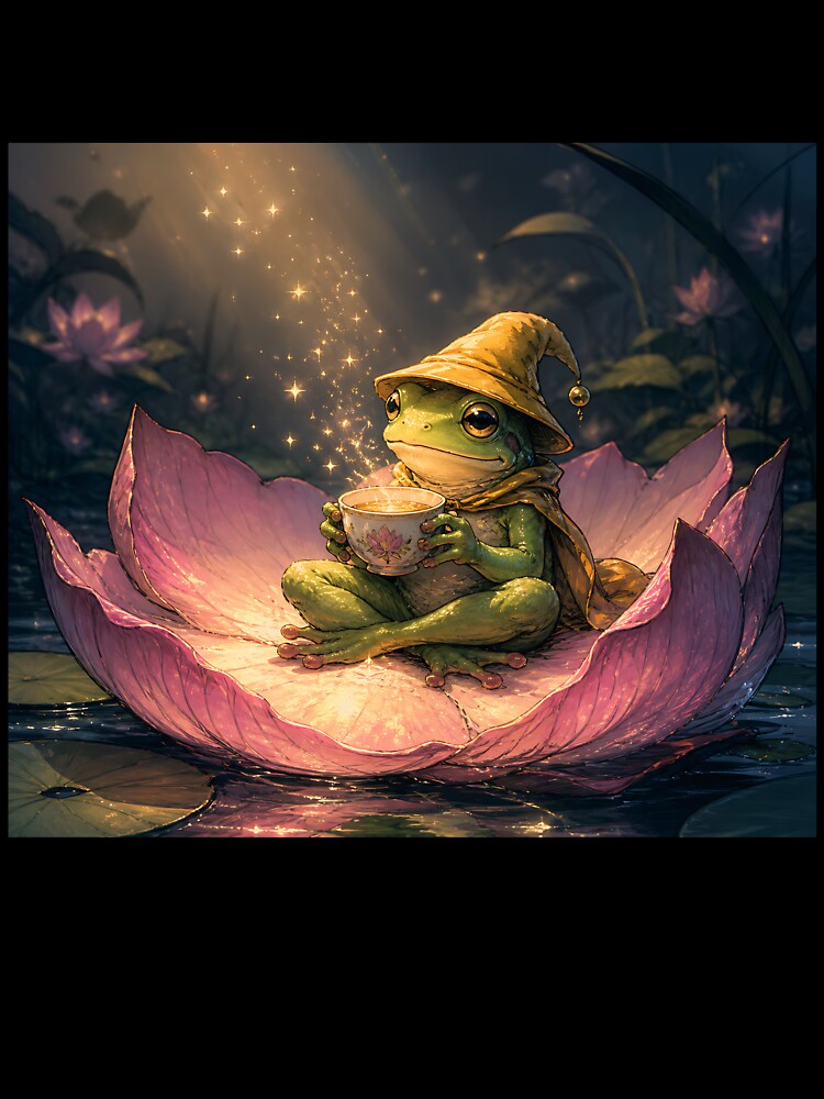 The Star-Lotus Tea Party - Cute Cottagecore Frog by bapupa