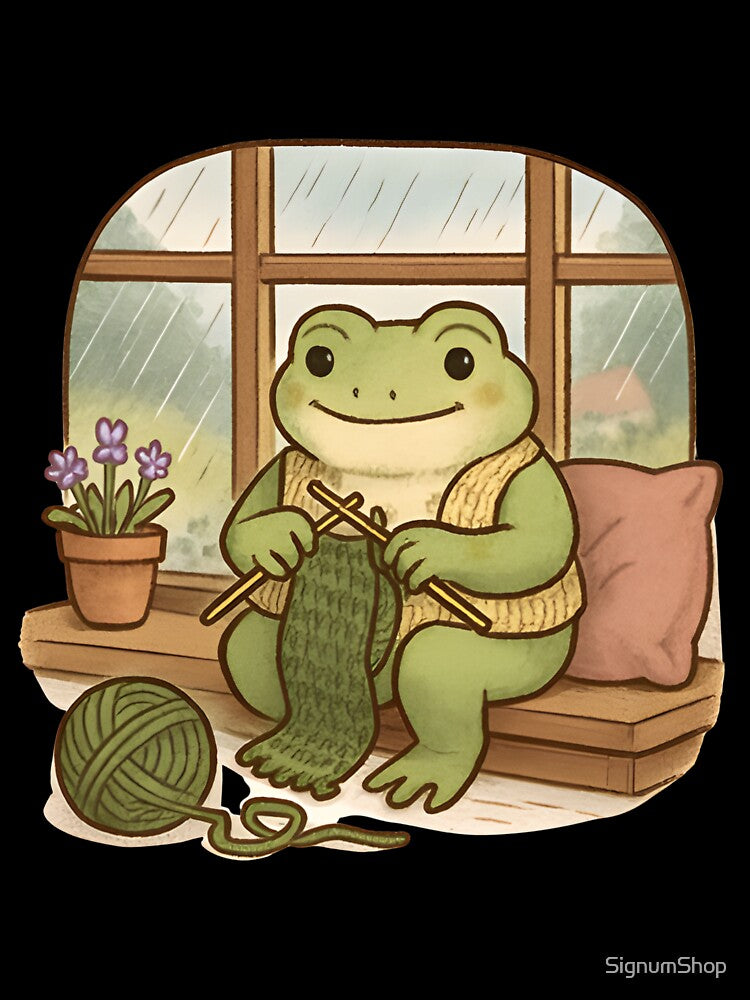 Cottagecore Frog Knitting by the Window by SignumShop