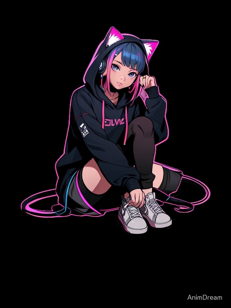 Cute Anime Girl Black Hoodie Aesthetic by AnimDream