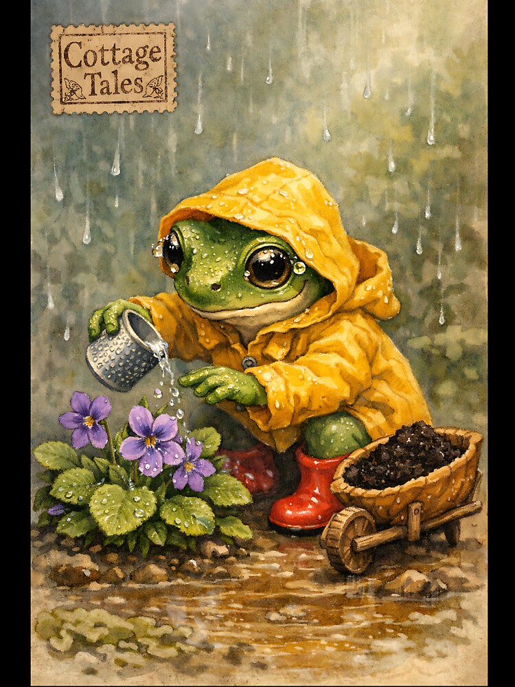 The Rain-Gaiter Gardener - Cottagecore Frog by bapupa