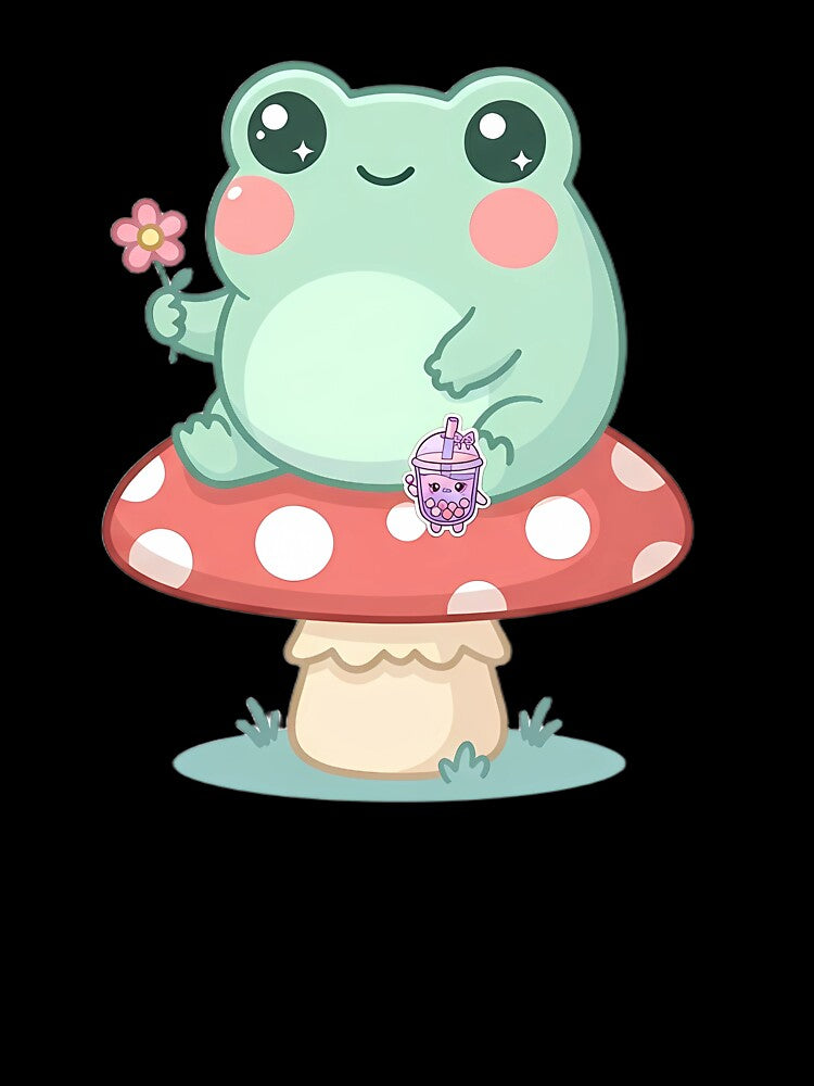 Cute Kawaii Frog Sitting on Mushroom with Flower Pastel Art by LYZ7VANI
