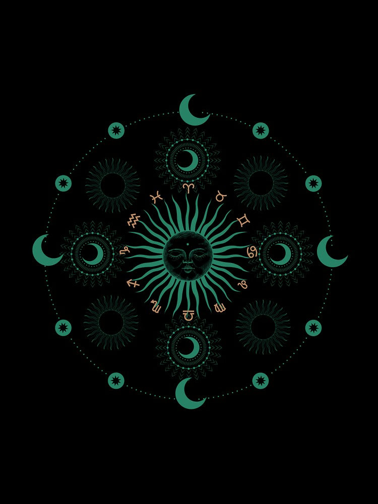 Celestial   black and   green colourful  Cute  design with moon and  sun and stars 6 by CosmicNook1