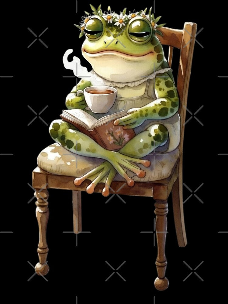 Cozy Cottagecore Watercolor Frog Reading Book and Drinking Tea by FarmOfCuties