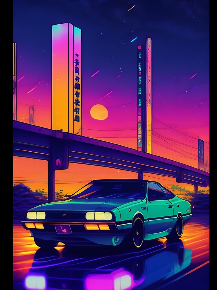 Vintage 90's Anime car Cyberpunk Night Sky Lofi retro aesthetic by iluminal