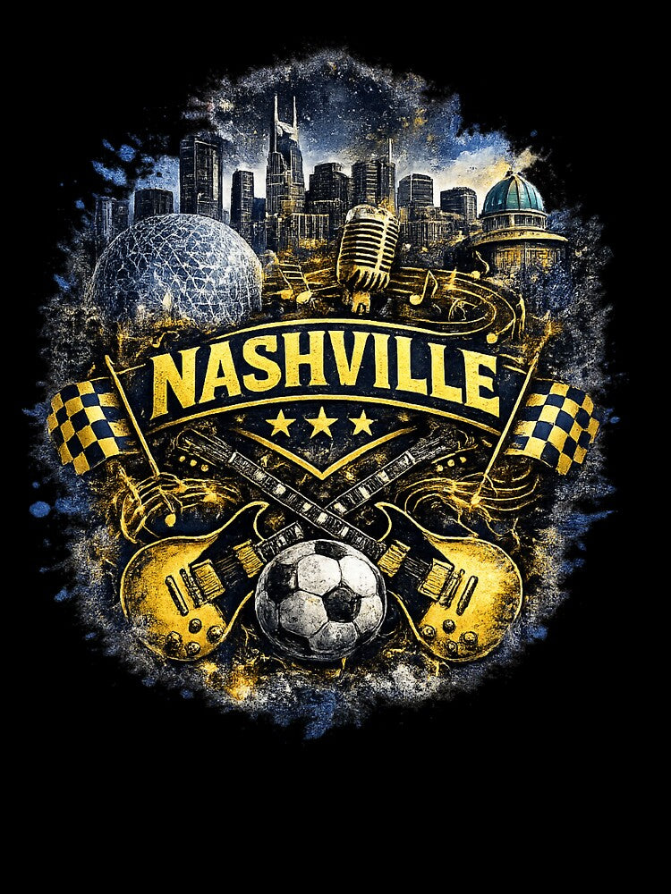 Nashville Soccer Crest Design – Music City Football Artwork, Guitar Sports Graphic, Nashville Fan Apparel, USA Soccer Design by GarnerSupplyCo