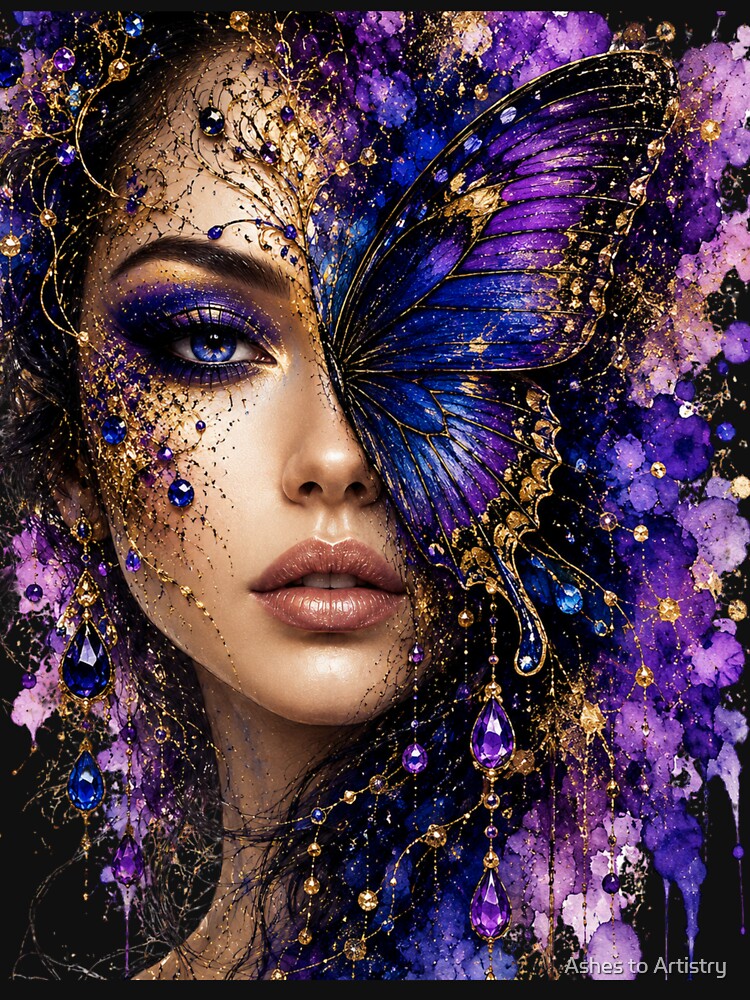 Mystical Butterfly Woman Art | Purple Fantasy Portrait | Boho Goddess Aesthetic Design by Ashes to Artistry