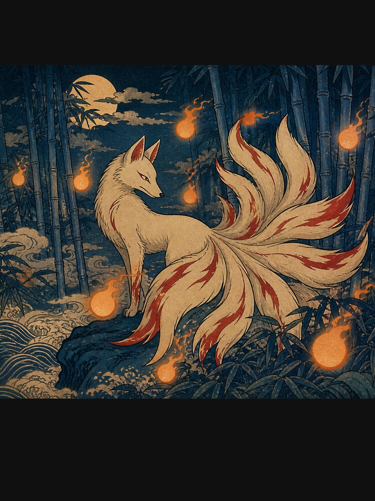 Kitsune Foxfire Clearing - Vintage Traditional Japanese Ukiyo-e Woodblock Print Style by bapupa
