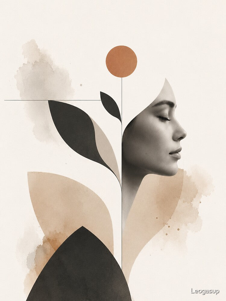 Minimalist Woman Profile Geometric Leaf Terracotta Sun Wall Art Print by Leogasup