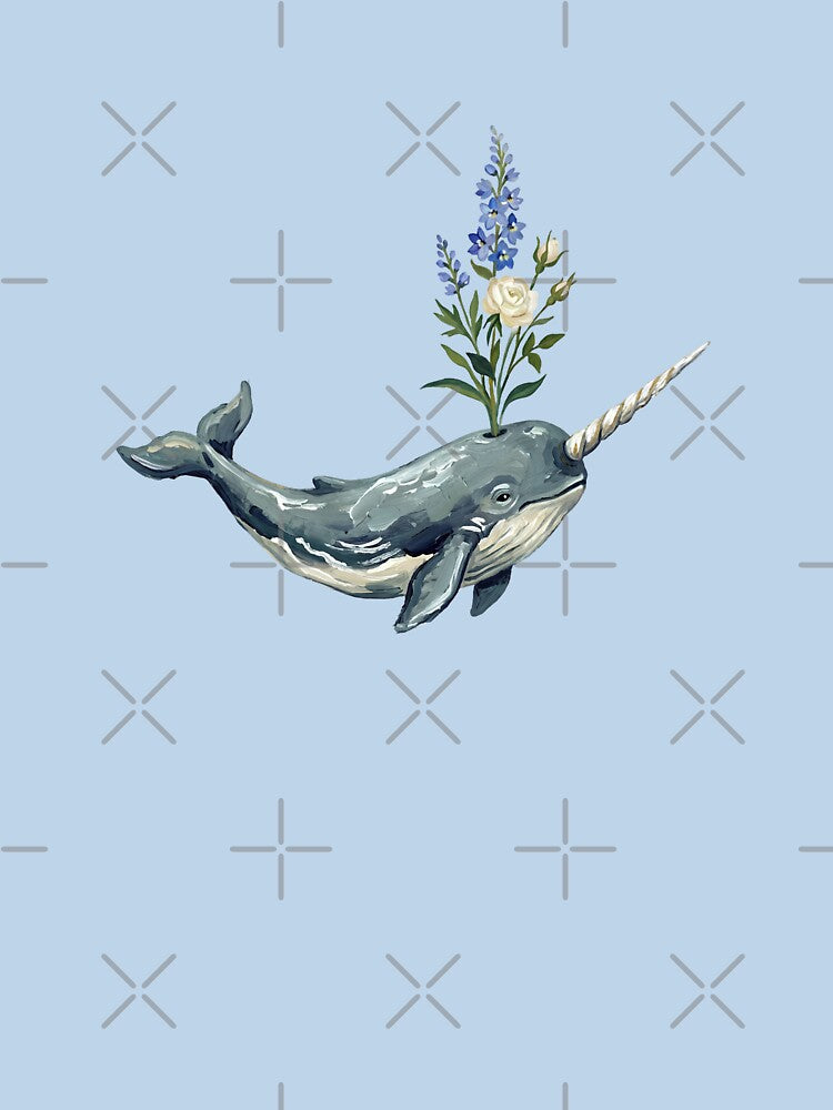 Whimsical Floral Narwhal Watercolor Art – Cute Ocean Unicorn with Wildflowers by 21 Tulips