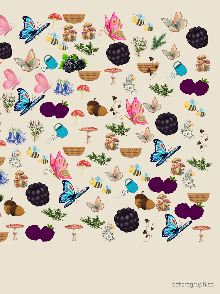 Whimsical Cottagecore Mushroom and Butterfly Pattern by astersgraphics