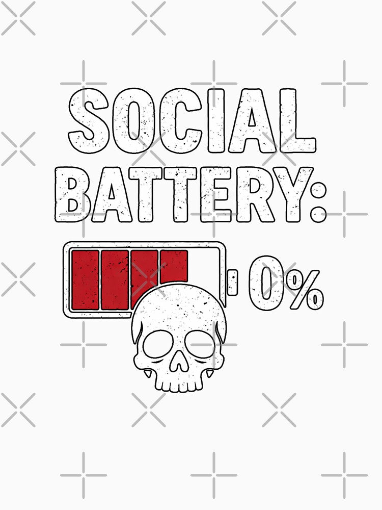Social Battery 0% – Funny Introvert Skull Low Energy Tee by Brinevex Co.