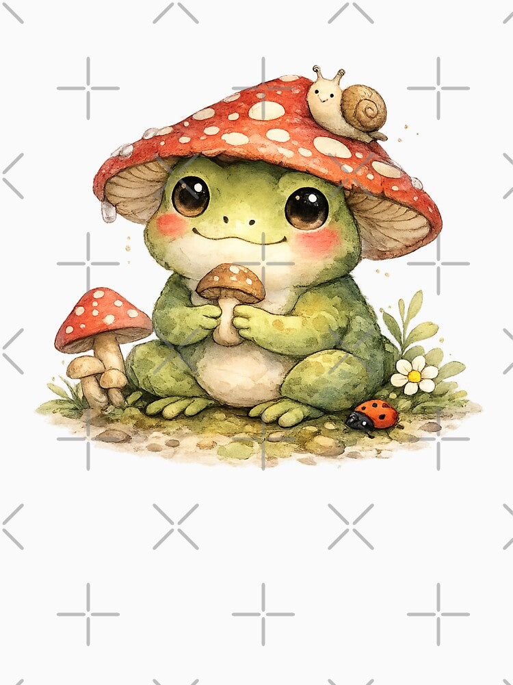 Cute Frog with Mushroom Hat – Cottagecore Watercolor Frog Illustration by Nusha Creations