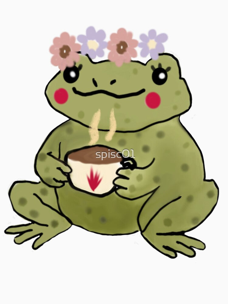 Cozy Frog with Flower Crown and Tea – Cottagecore Vibes by spisc01