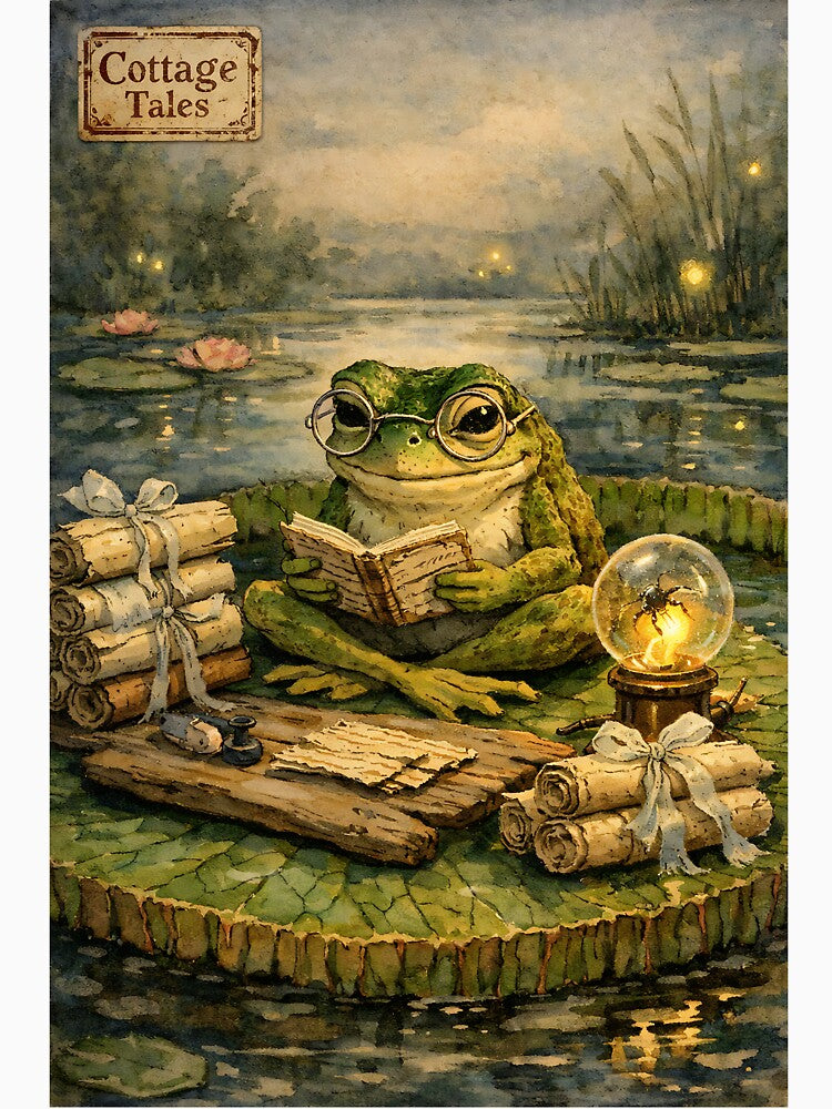 The Lily-Pad Librarian - Cottagecore Frog by bapupa