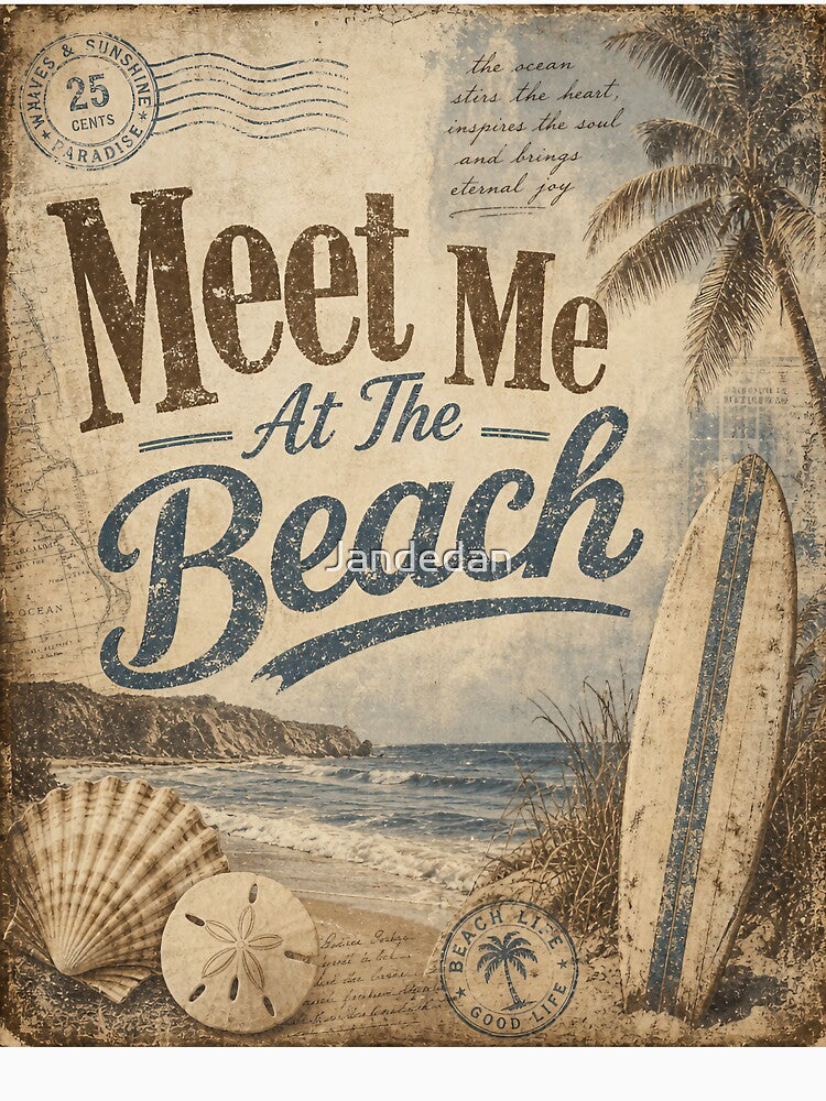 Meet Me At The Beach — Vintage Sepia Collage, Distressed Tritone Beach Graphic by Jandedan