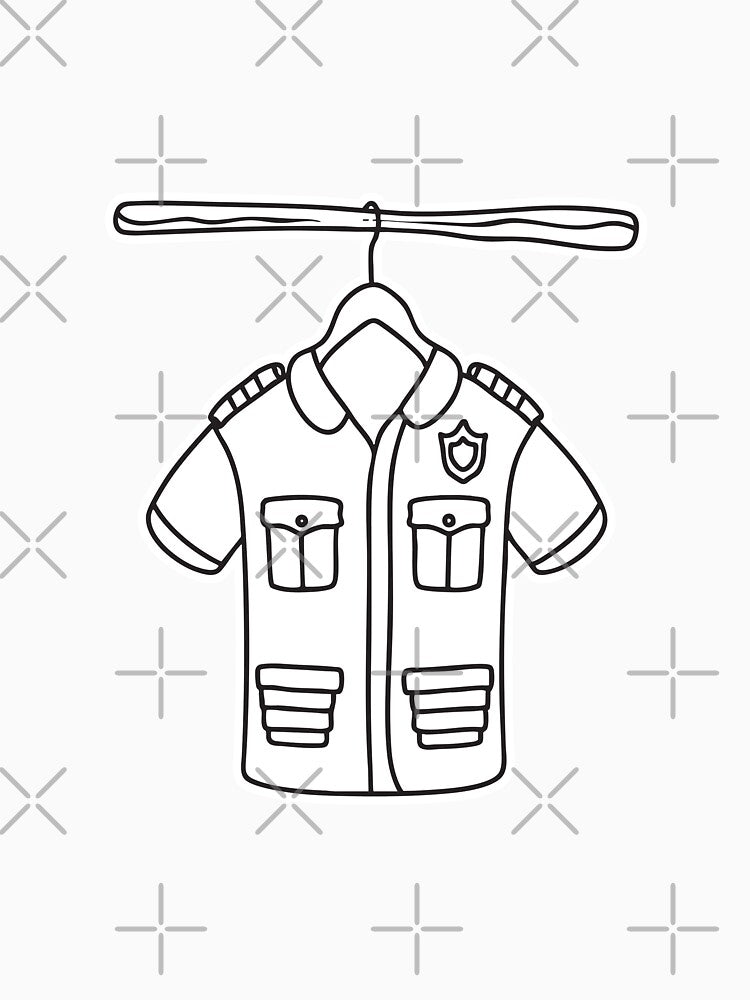 A wooden hanger holding a full police uniform by rasagamastore