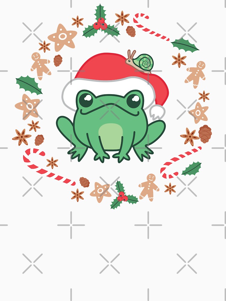 Cute Cottagecore Frog In Red Christmas Hat - Goblincore Kawaii Froggy with Snail - Christmas Edition by ShyOwlet