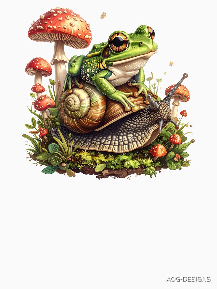 Cottagecore Frog Riding Snail Cute Kawaii Toadstool Mushroom Nature Design by AOG-DESIGNS