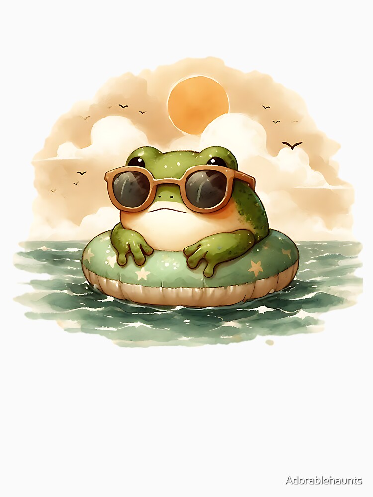 Watercolor Frog in a floatie, Cozy Cottagecore Frog Illustration by Adorablehaunts