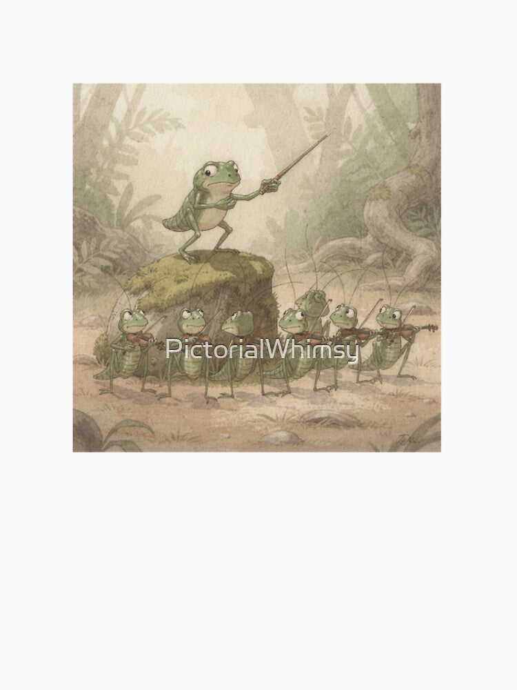 Frog Choir Conductor Silencing the Cricket Section Cottagecore Art by PictorialWhimsy