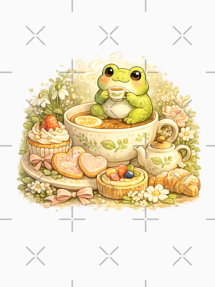 Tea Time Frog – Cute Chubby Frog in Giant Teacup Cottagecore Kawaii Illustration by MrDev