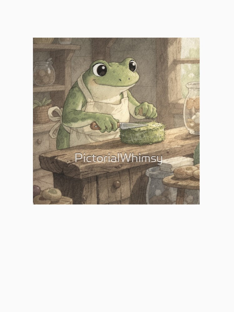 Frog Cheesemonger Slicing a Wheel of Moss Cheese Cottagecore Art by PictorialWhimsy