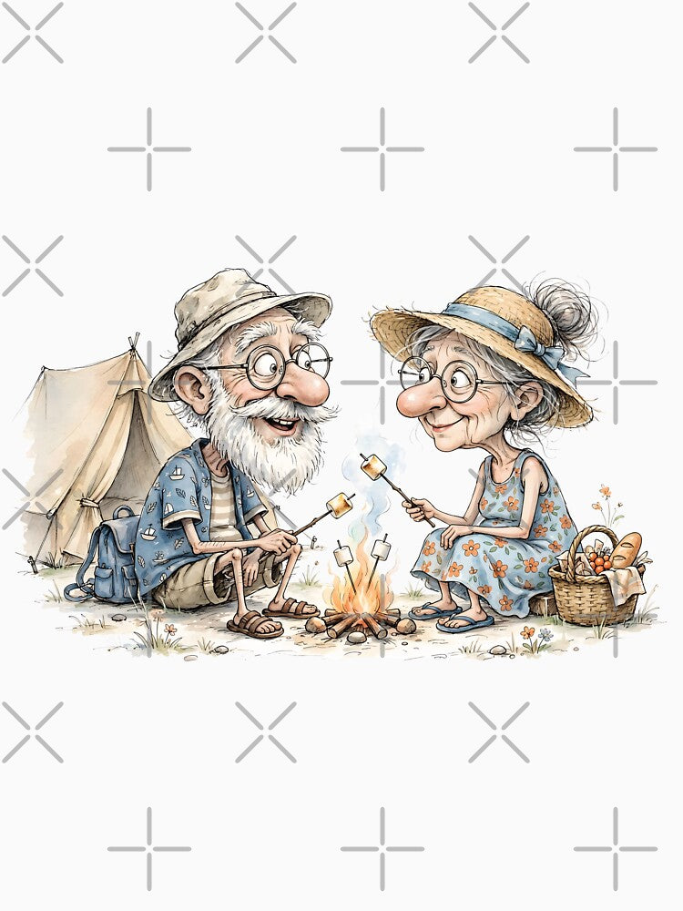 Happy Camping Couple by the Campfire – Funny Vintage Outdoor Adventure Illustration by Connys Colorful World