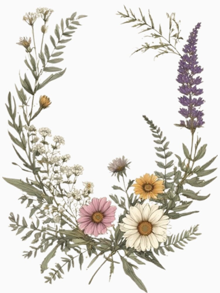 Vintage Botanical Pressed Flowers Print — Wildflower Wreath Cottagecore Herbarium Wall Art, Dark Academia 1970s Aesthetic Floral Poster by Ditstyle