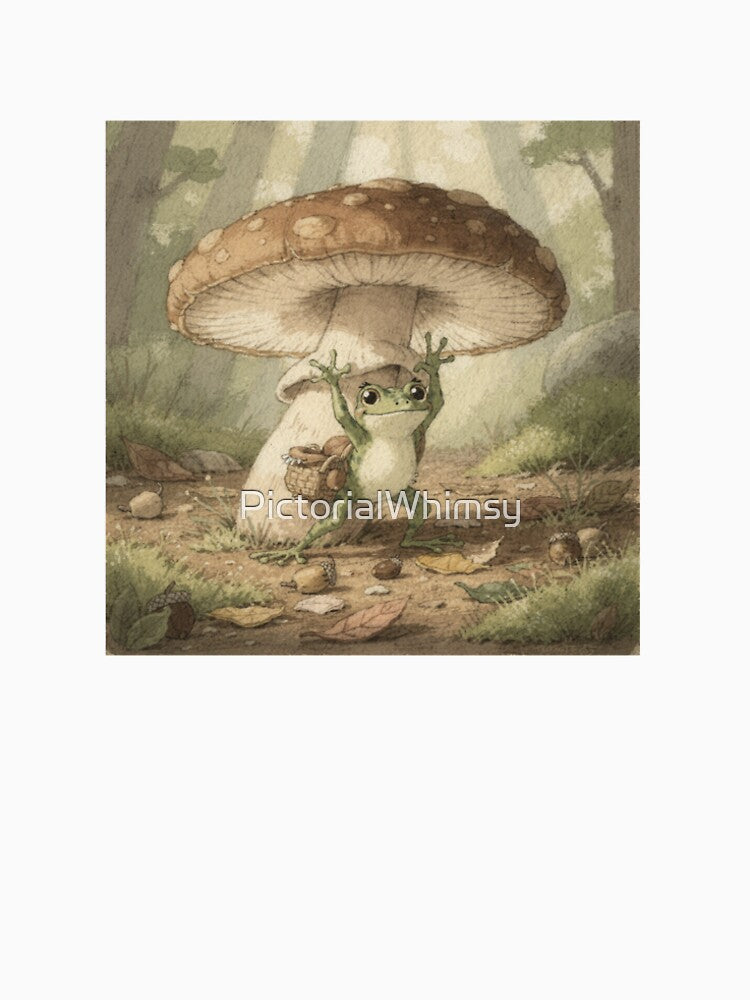 Frog Mushroom Forager Under One Giant Cap Cottagecore Art by PictorialWhimsy