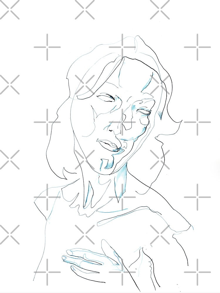 Hand to Chest — Expressive Woman Portrait in Blue and Black Line Art by essentialink